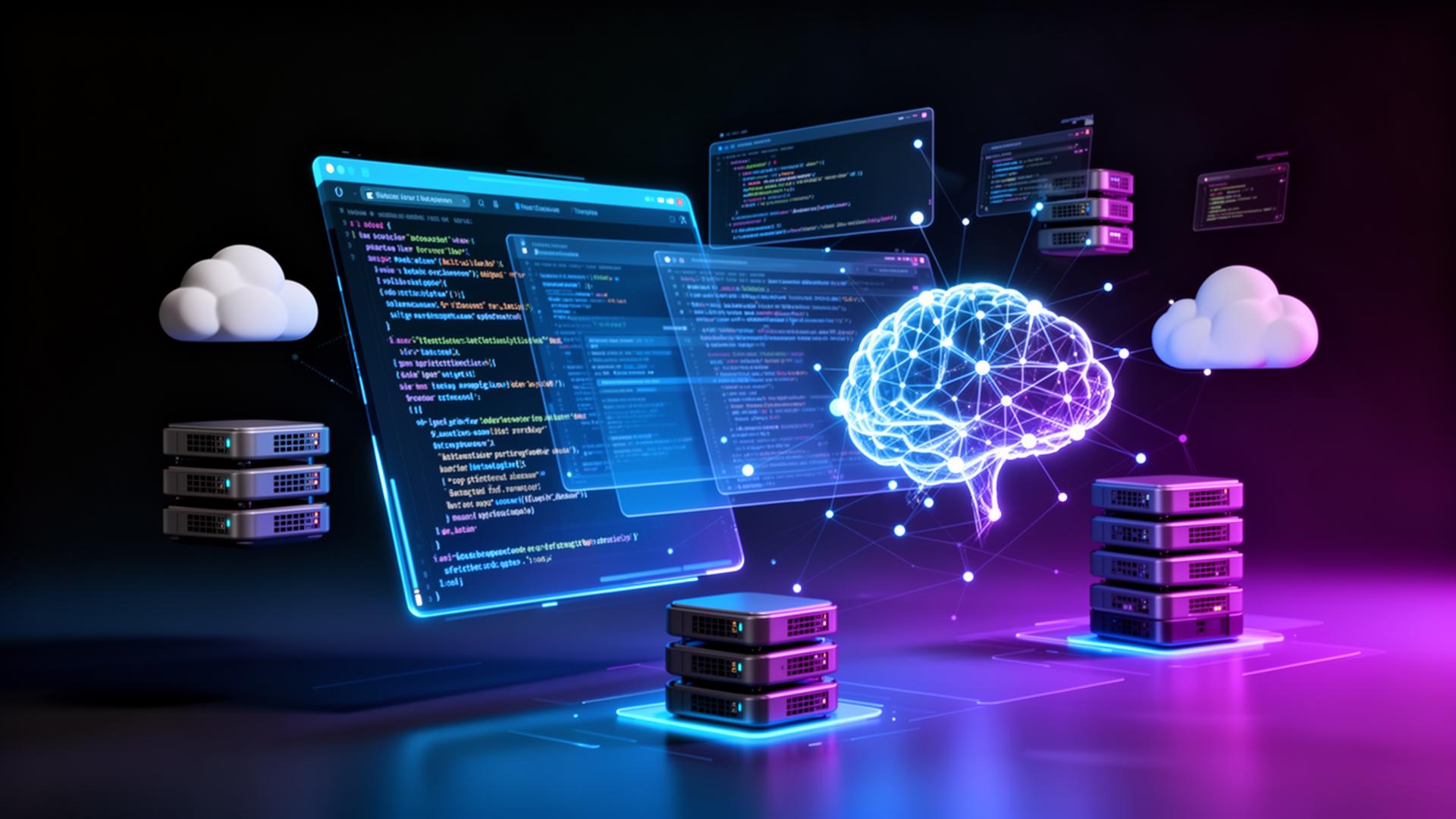 Ilustração de desenvolvimento de software com código, servidores e IA